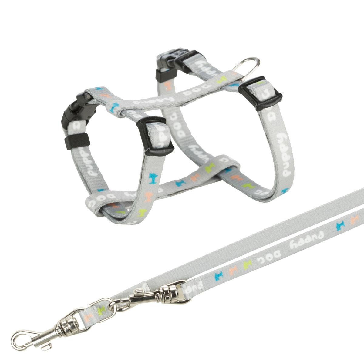 Graues Hundegeschirr mit Leine und buntem Textmuster, das "Happy Dog" zeigt, mit Metallverschluss vorne.