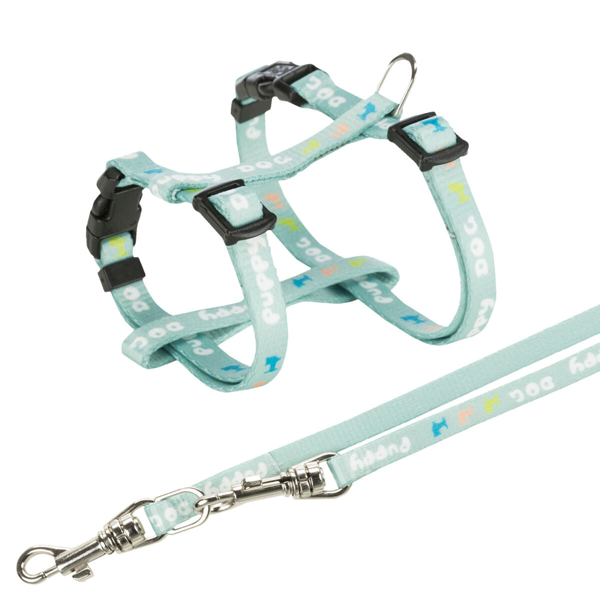 Hellblaue Hundehalsband und Leine mit mehrfarbigem Hunde-Design und Aufschrift "Dog", Metallschnallen und Verschlüsse.