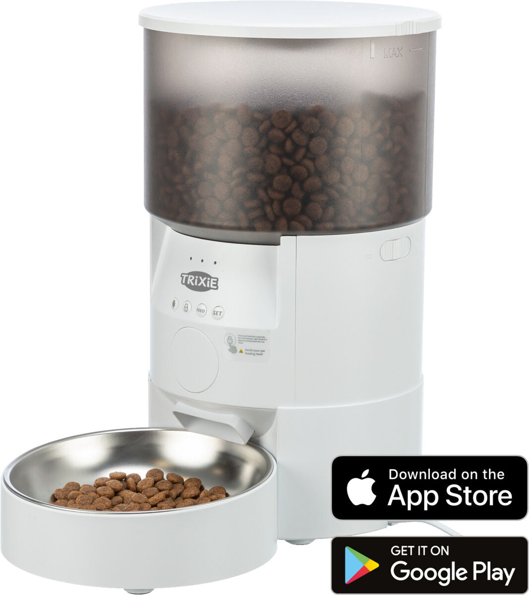 Weißer Futterautomat mit transparentem Behälter, gefüllt mit braunen Pellets, inklusive Edelstahlschale.