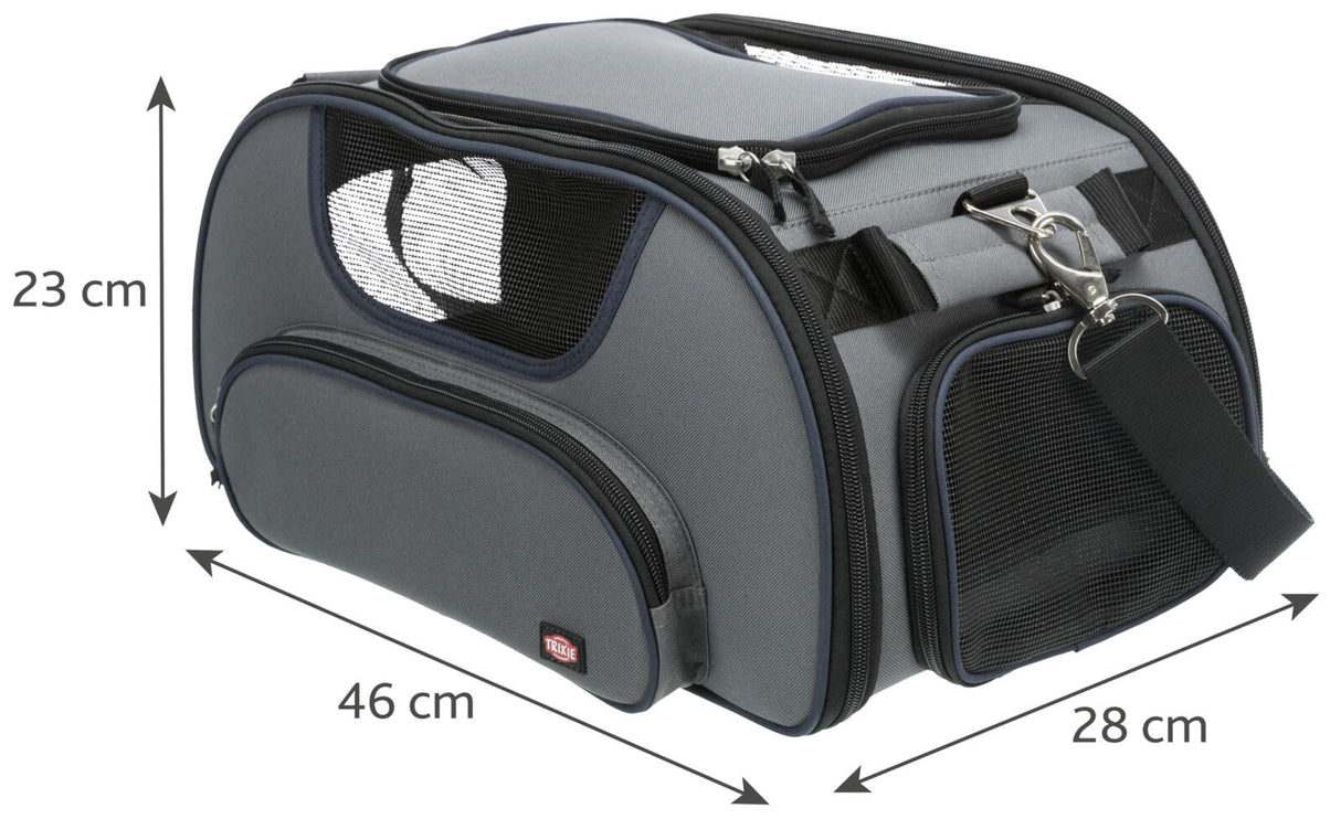 Graue Transporttasche mit den Maßen 46 cm x 28 cm x 23 cm, mit Netzfenstern und Trageriemen.