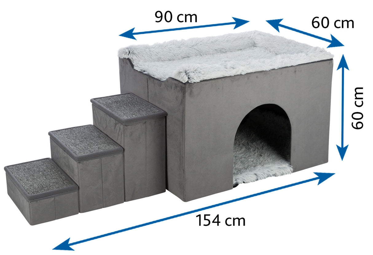 Graue Haustierhöhle mit drei Stufen und weichem, weißem Plüschbezug oben.