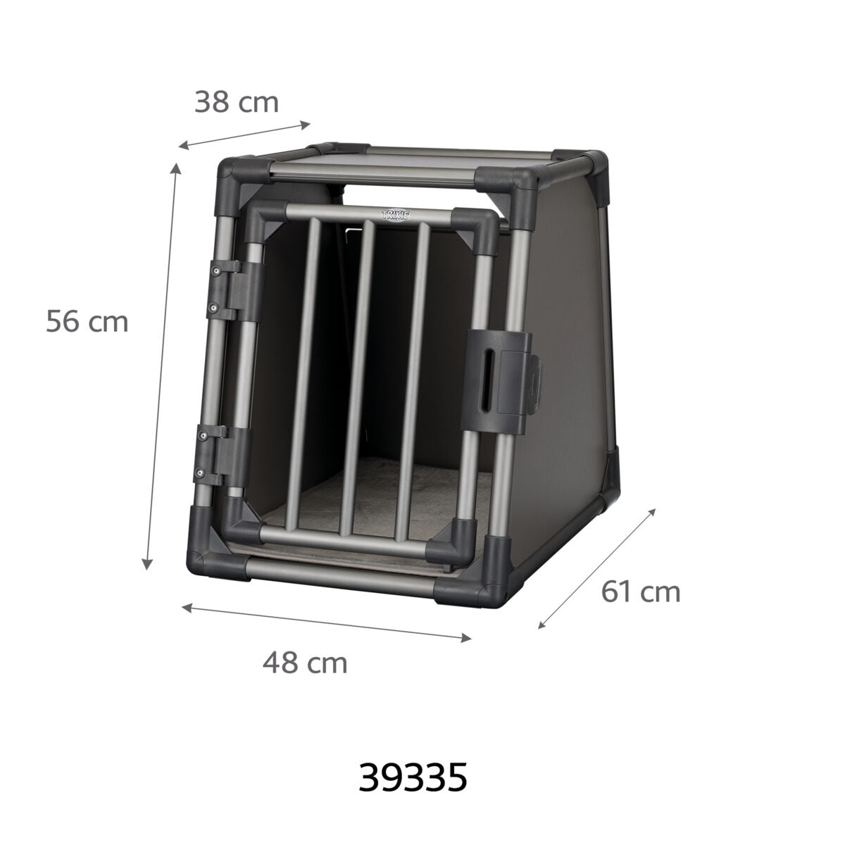 Graue Transportbox aus Metall mit Gittertür und den Maßen 38 cm Höhe, 48 cm Breite, 61 cm Tiefe.