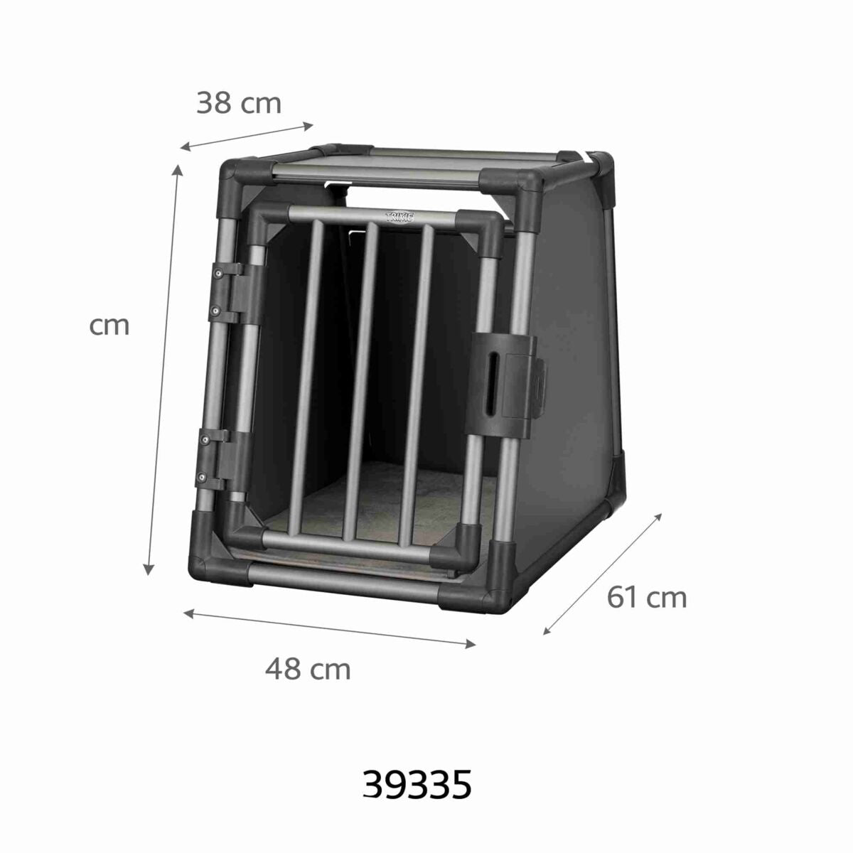 Graue Transportbox aus Metall mit Gittertür und den Maßen 38 cm Höhe, 48 cm Breite, 61 cm Tiefe.