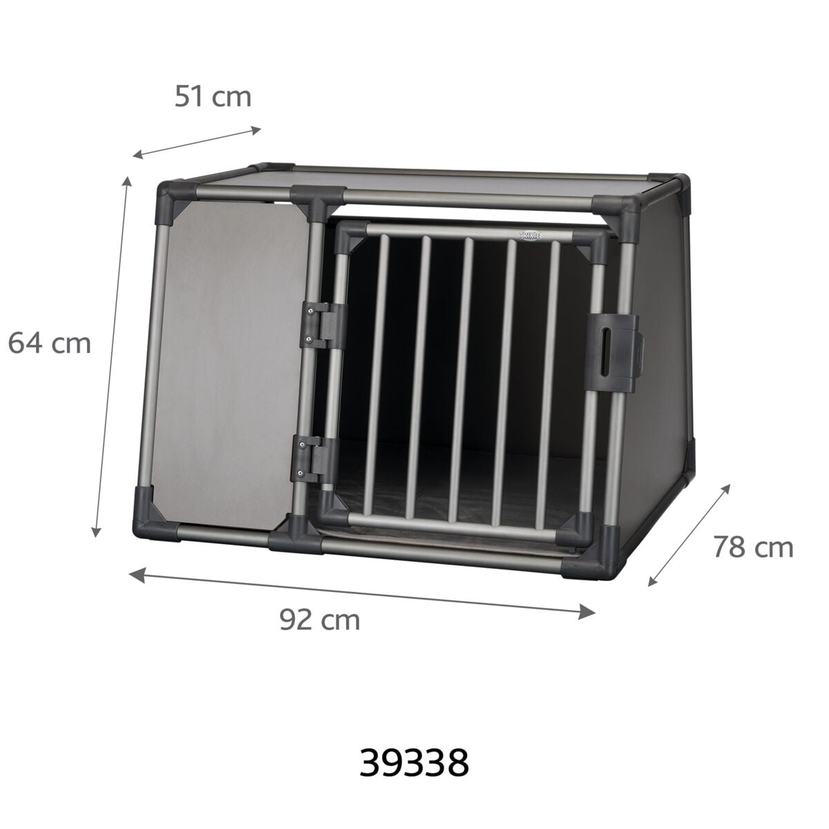 Silberfarbener, trapezförmiger Transportkäfig mit Gittertür, 92 cm breit, 78 cm tief, Maße seitlich beschrieben.