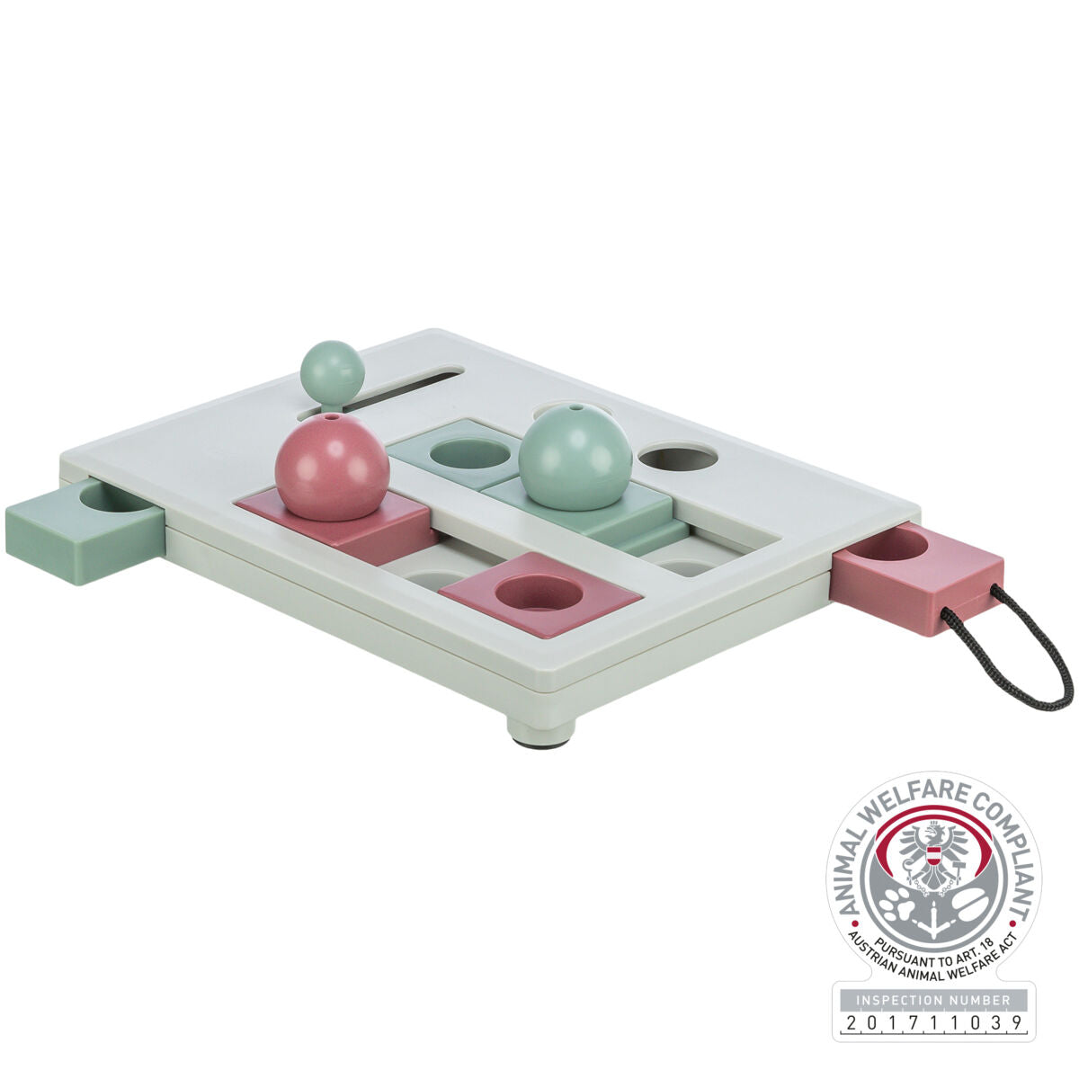 Spielzeug aus einem weißen, rechteckigen Tisch mit rosafarbenen und mintgrünen Kugeln und Schiebern.