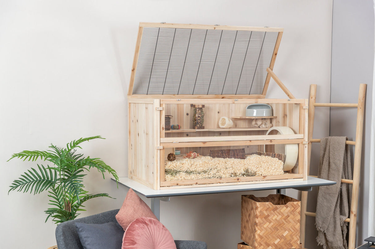 Holzterrarium mit offenem Deckel auf Tisch, gefüllt mit Einstreu und Spielzeug, daneben Pflanze, Sessel und Korb.