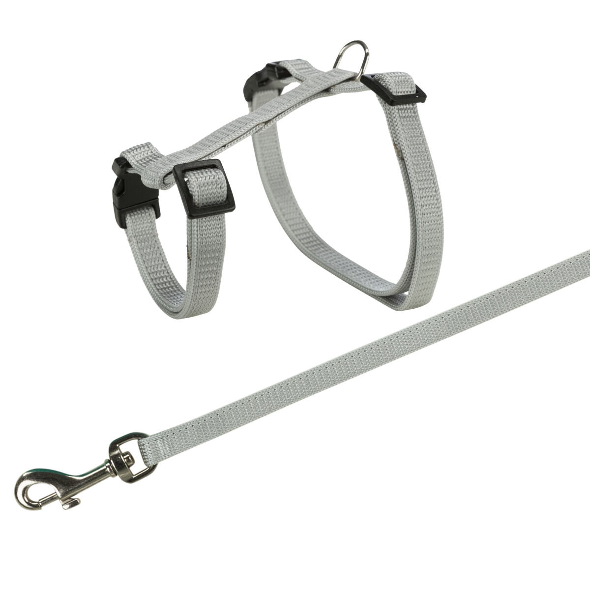 Graues Hundegeschirr mit passender Leine, verstellbare Schnallen, D-Ring und silberner Karabinerhaken.