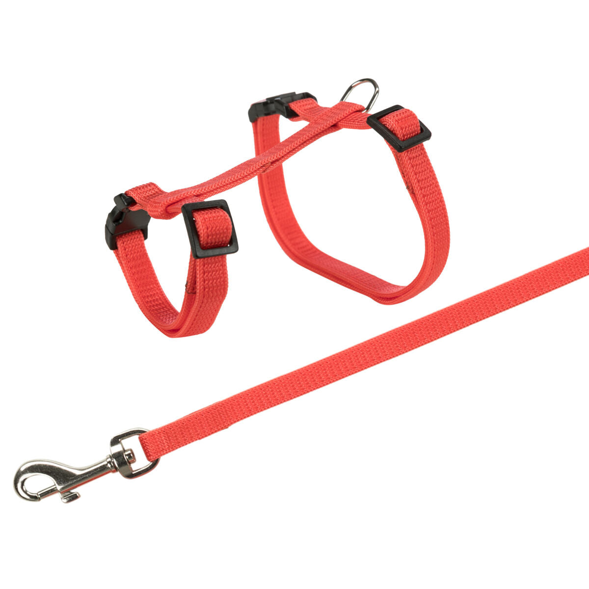 Rote Hundeleine und Geschirr mit schwarzen Schnallen, aus textiles Material mit silbernem Karabinerhaken.