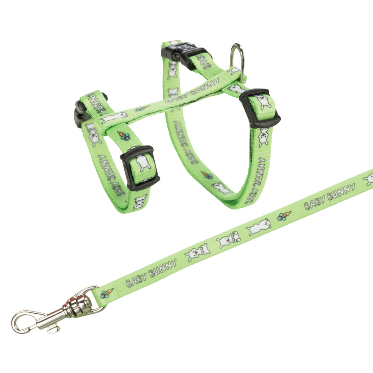 Grünes Geschirr und Leine mit "BABY BUNNY"-Schriftzug und Hasenmotiv, an Metallhaken befestigt.