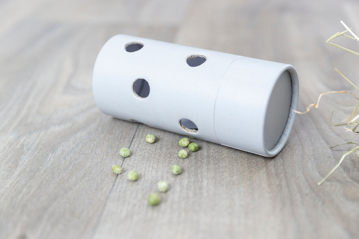 Grauer Papierzylinder mit runden Löchern auf Holzboden, daneben liegen grüne Erbsen und trockene Grashalme.