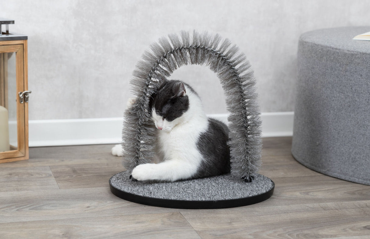 Eine schwarz-weiße Katze reibt sich an einer grauen Bürstenstruktur, die auf einer runden, grauen Basis steht.