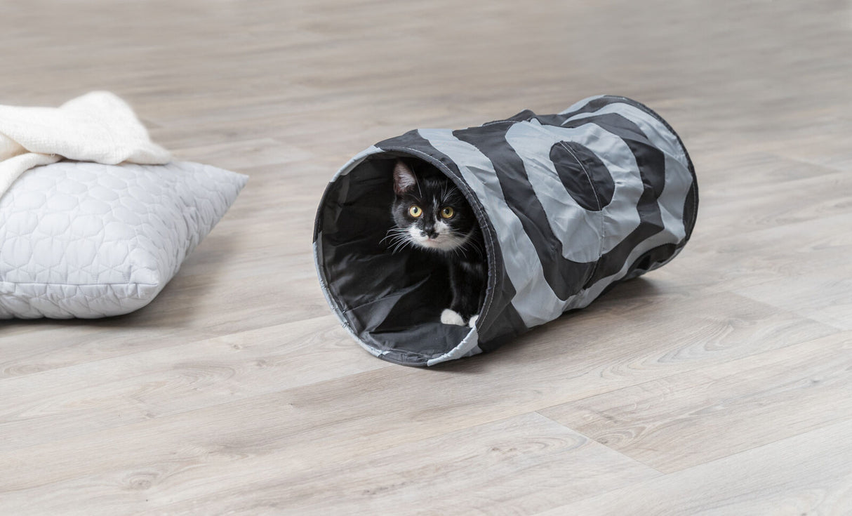 Eine schwarz-weiße Katze sitzt in einem grauen Spieltunnel auf einem Holzboden neben einem weißen Kissen.