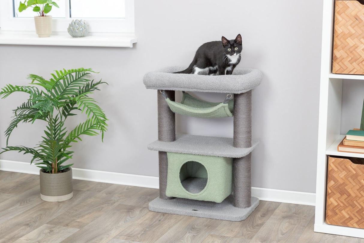Ein schwarz-weißer Kater sitzt auf einem grauen Kratzbaum mit Höhle und Hängematte, daneben Pflanzen.