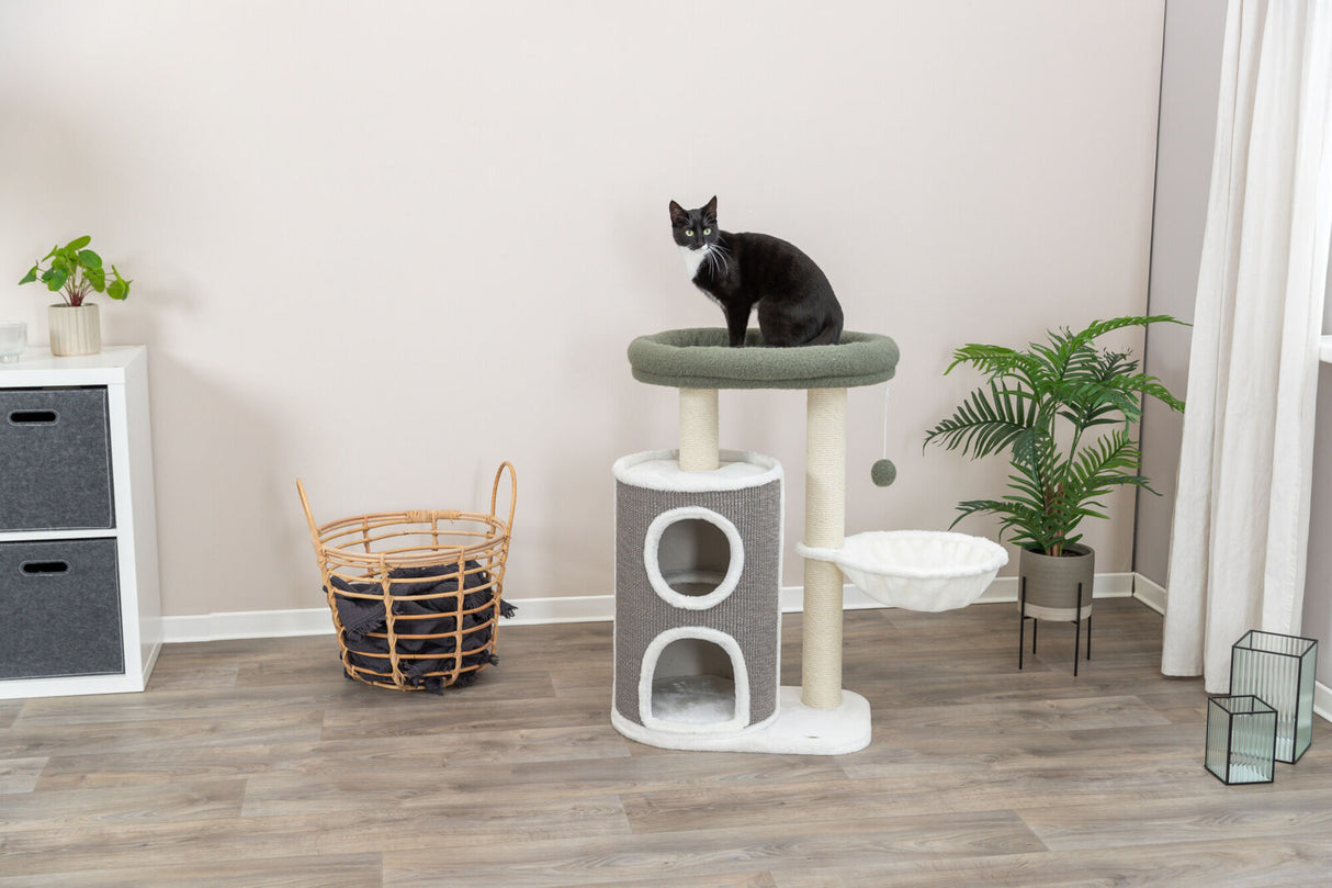 Ein schwarz-weißer Kater sitzt auf einem mehrstufigen Kratzbaum in einem Raum mit Holzboden, Pflanze und Korb.