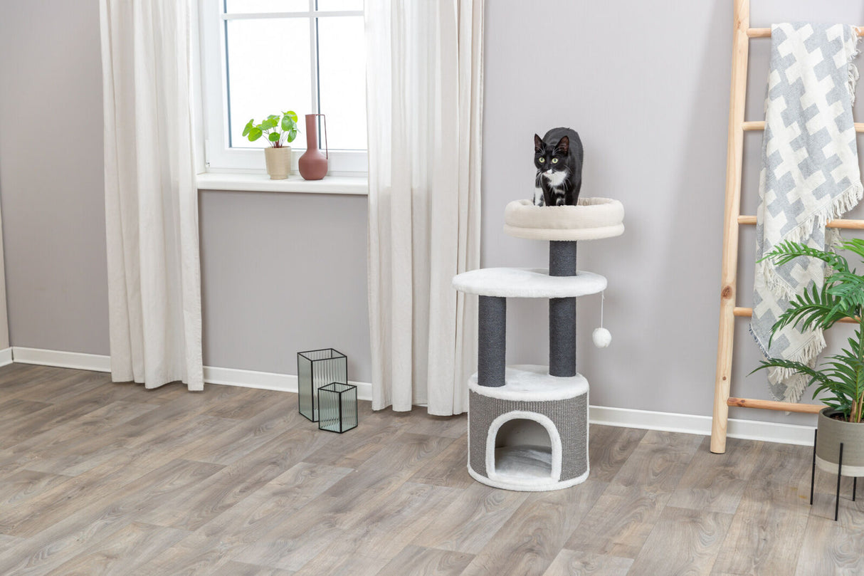 Ein schwarz-weißer Kater sitzt auf einem mehrstufigen Kratzbaum mit hellen Elementen in einem Wohnzimmer.