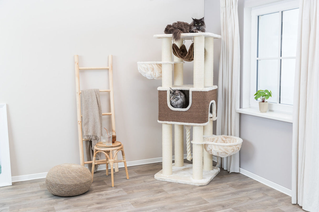 Katzenkratzbaum mit zwei Katzen, Stehleiter mit Decke, Hocker und Glas, Fensterbank mit Pflanze, helle Raumgestaltung.