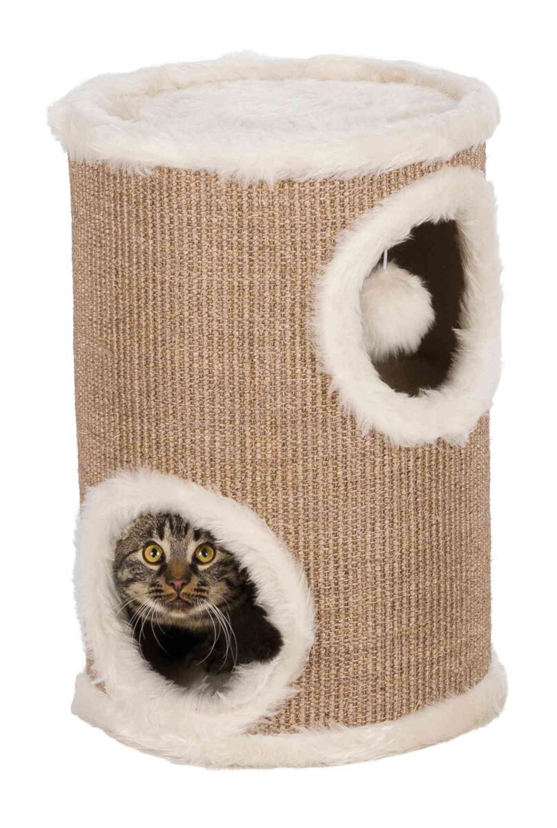Zylindrische Kratzhöhle mit Katzenbaum-Design aus beigem, strukturiertem Material und eine Katze im Inneren.