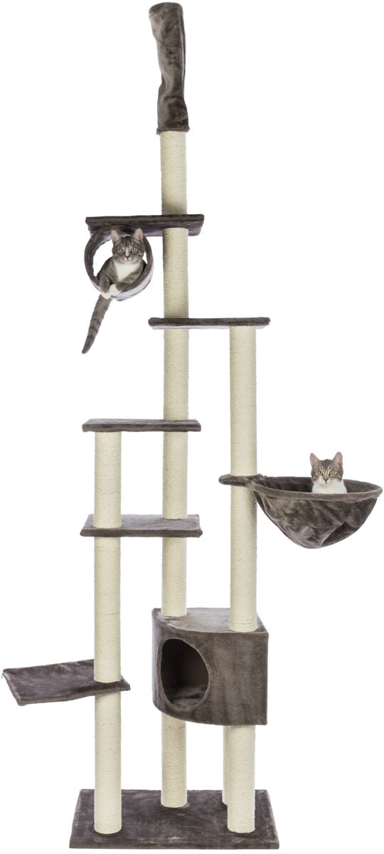 Großer Kratzbaum mit mehreren Plattformen und Höhlen, darauf sitzen zwei Katzen, einer ist grau und der andere ist in einer braunen Hängematte.