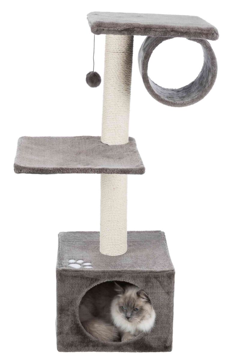 Katzen-Kratzbaum mit drei Plattformen, einer Röhre, einem Spielball und einem quadratischen Gehäuse unten.