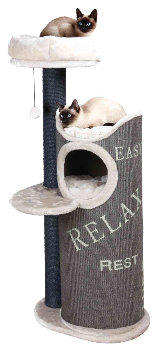 Katzenbaum mit beigem Bezug, zwei Katzen, eine oben und eine mittig; Aufdruck "RELAX" und "REST".