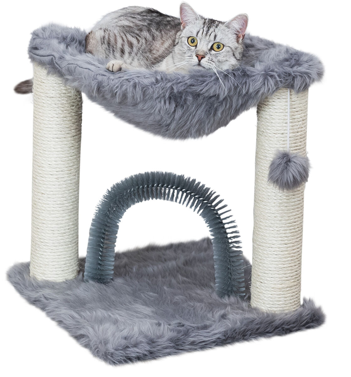 Katzenspielzeug mit zwei Kratzsäulen, grauem Fellbezug, einer Plattform und einem liegenden grauen Hauskatze.