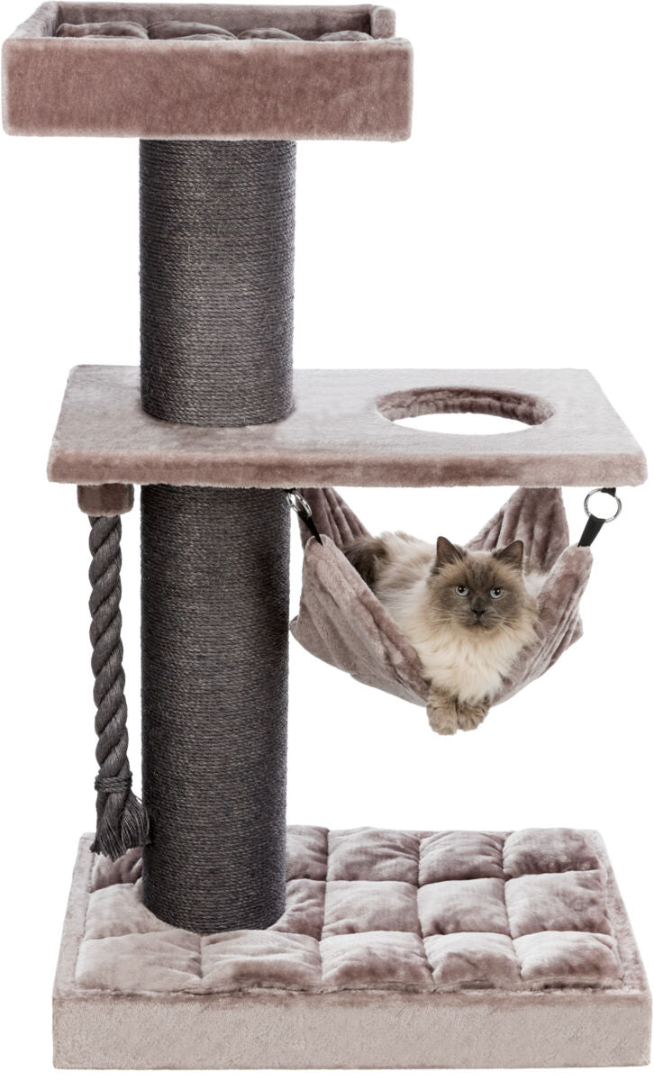 Kratzbaum mit zwei Plattformen und Hängematte, beiger Stoff, dunkle Sisalsäule, Katze liegt in der Hängematte.