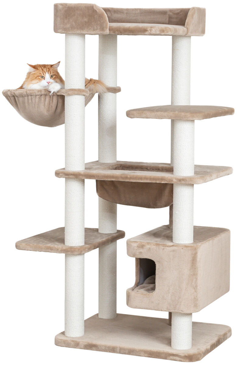 Kratzbaum mit mehreren Ebenen in Beige und Weiß, mit großer Liegefläche und Katze in einer Hängematte.