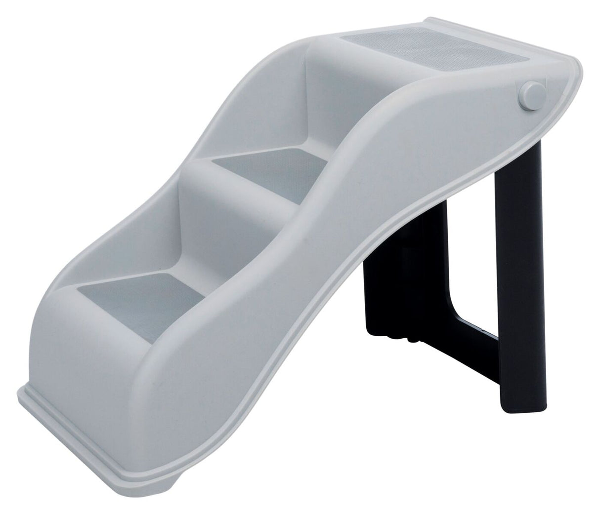 Eine graue dreistufige Treppe mit schwarzen Stützen und abgerundeten Kanten.