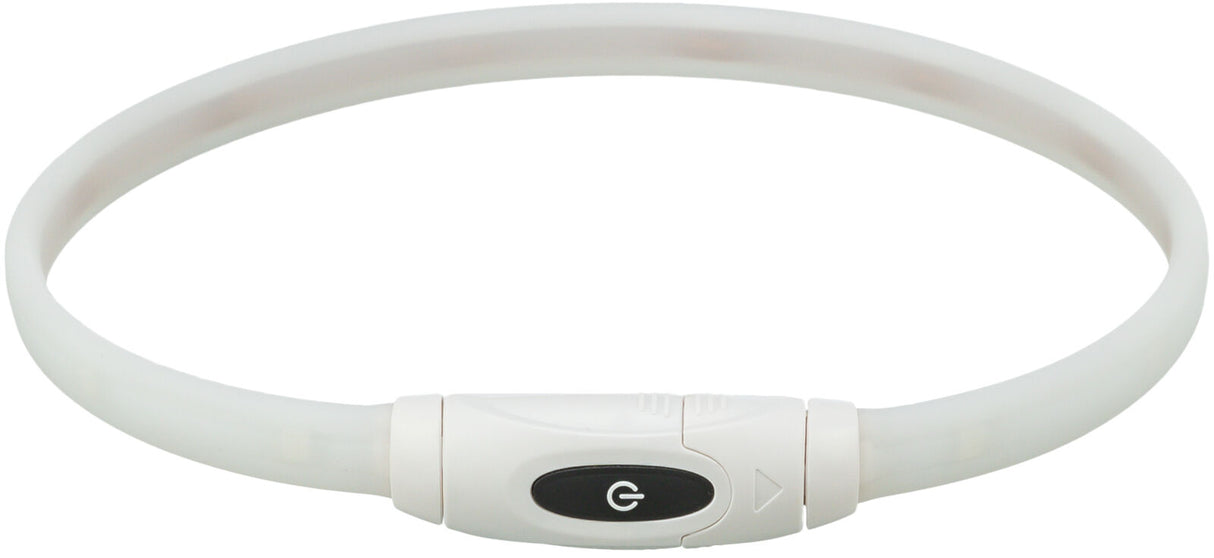 Weißer, kreisförmiger Kunststoffring mit schwarzem Ein-/Ausschalter in der Mitte.