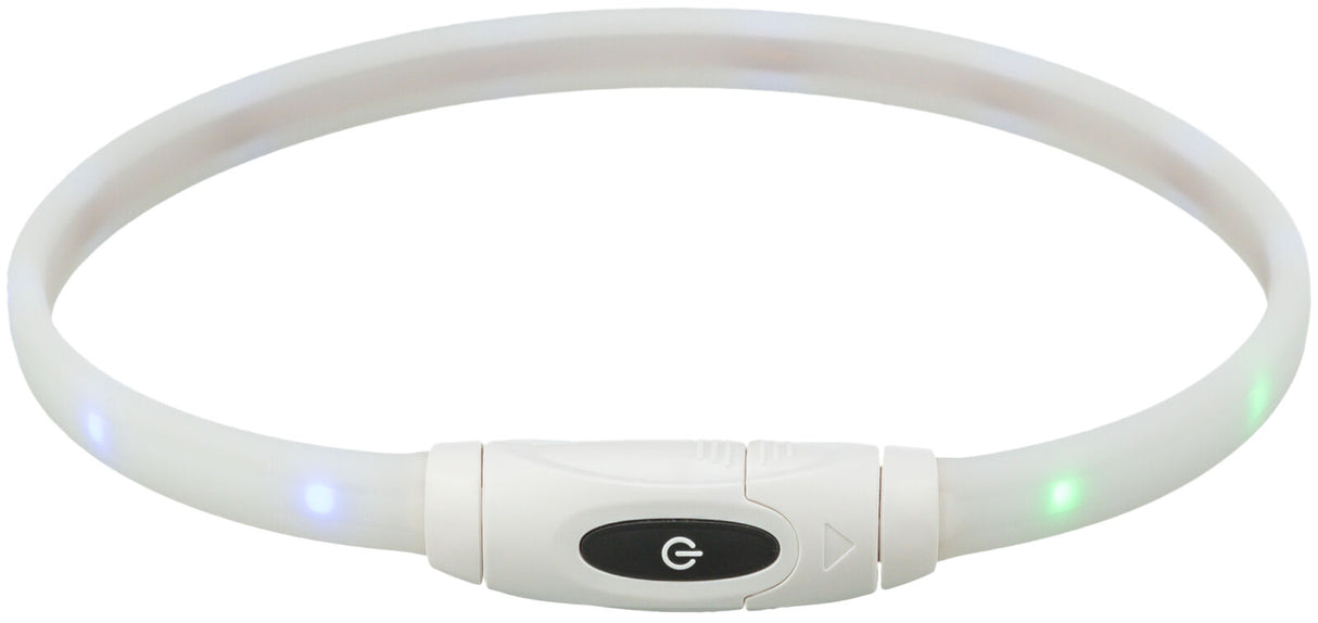 Weißer LED-Leuchtring mit mehreren kleinen bunten Lichtern und einem schwarzen Ein-/Ausschalter.