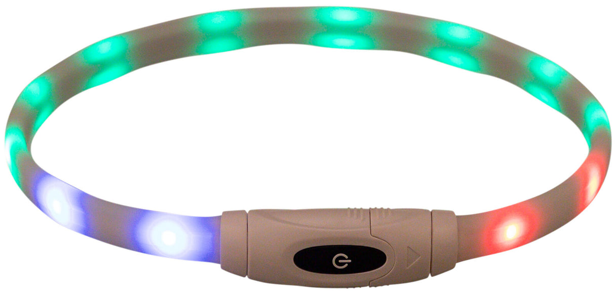 Leuchtendes Band mit grün, blau und rot leuchtenden Punkten und einem ovalen Schalter mittig am Band.