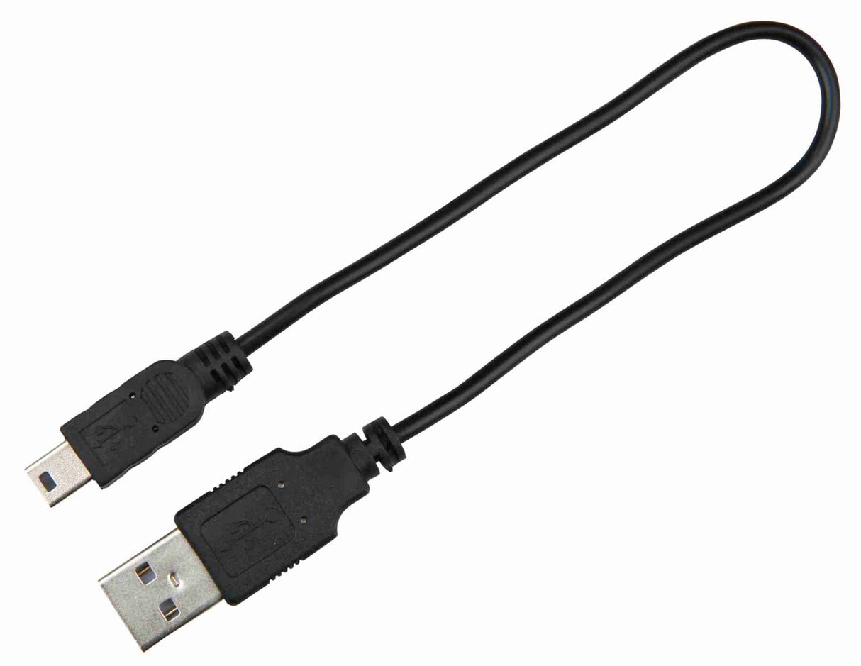 Schwarzes USB-Kabel mit einem Standard-USB-Stecker und einem Mini-USB-Stecker, das auf weißem Hintergrund liegt.