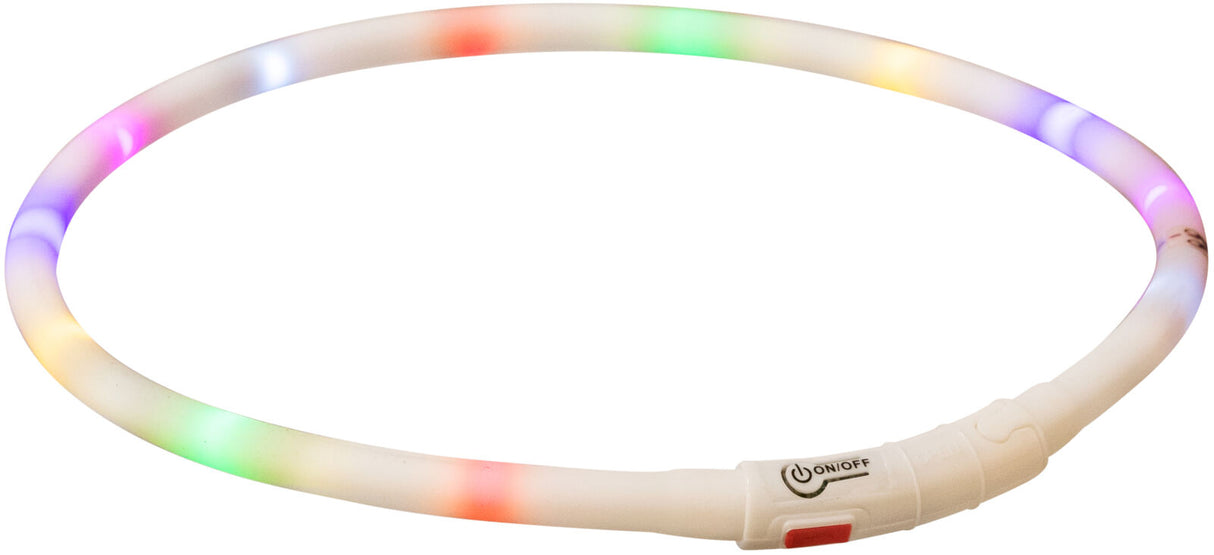 Leuchtender Ring mit mehreren Farben und einem Ein-/Ausschalter, sichtbar in Rot, Grün, Gelb, Blau und Lila.