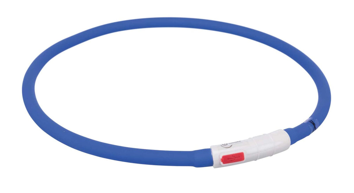 Blauer LED-Leuchtring mit weißem Verschluss und rotem Knopf, geformt als geschlossener Kreis.