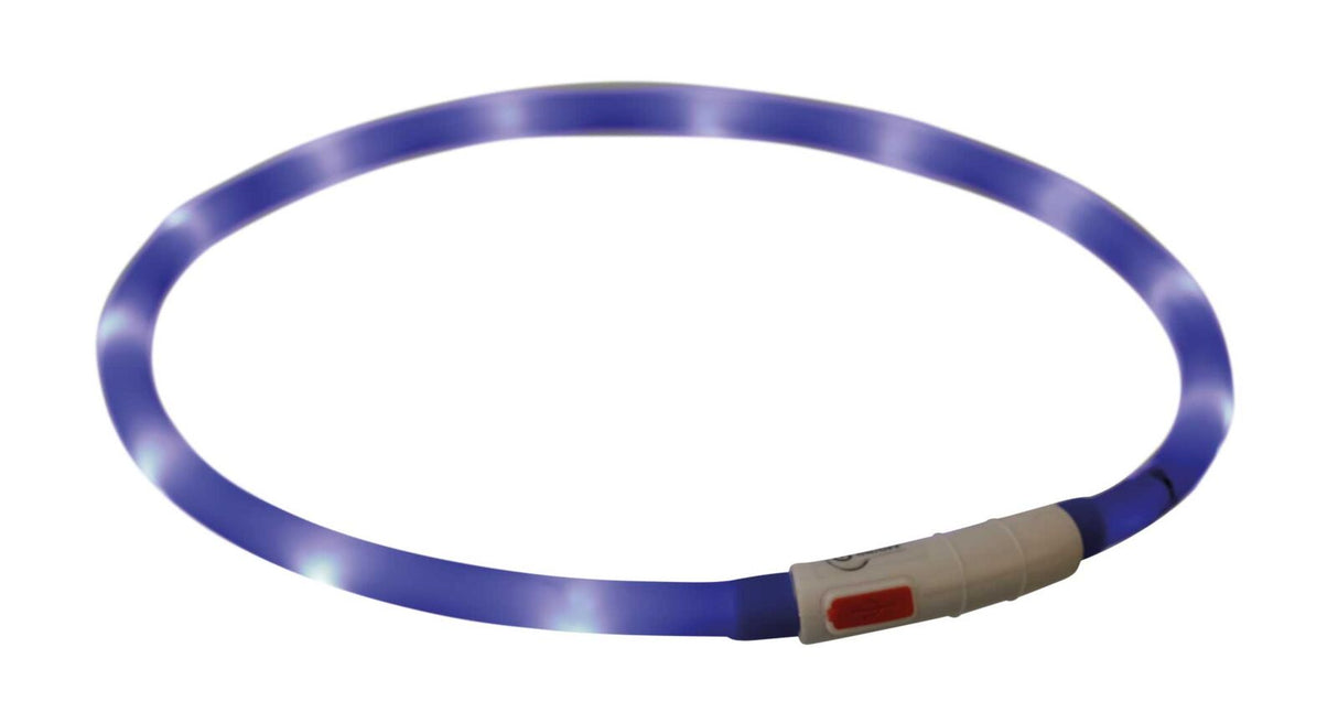 Leuchtendes blaues Halsband in Ringform mit weißem Verschluss und rot markiertem Schalter.