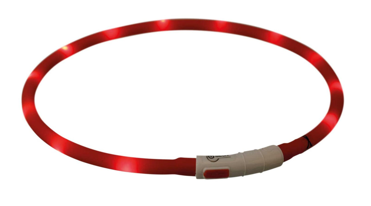 Leuchtendes rotes Band in Kreisform mit weißem Kunststoffverschluss und sichtbaren Lichtpunkten.