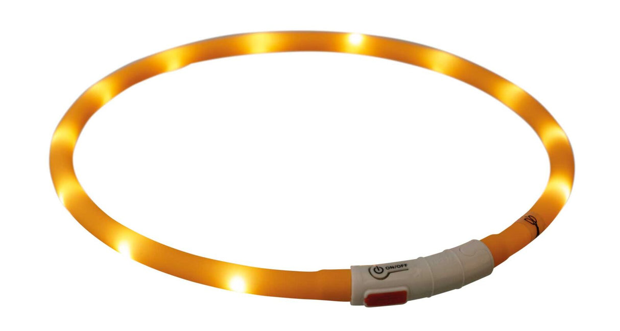 Leuchtender orangefarbener Ring mit gleichmäßigen Lichtpunkten und einem weißen Schalterbereich mit On/Off-Symbol.