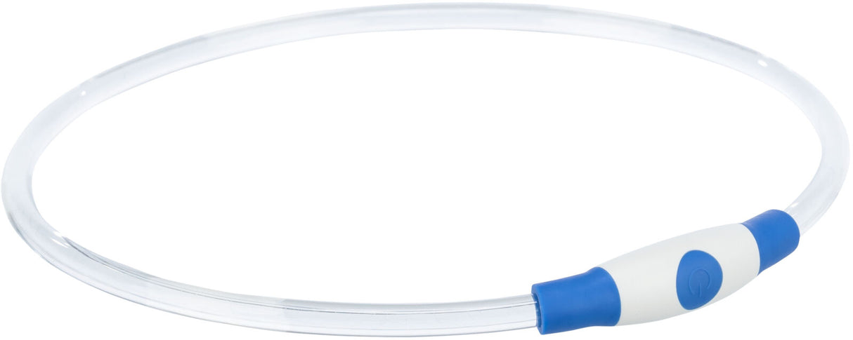 Transparenter Kunststoffring mit blau-weißem Verschluss und erkennbarer An-/Aus-Schaltfläche.