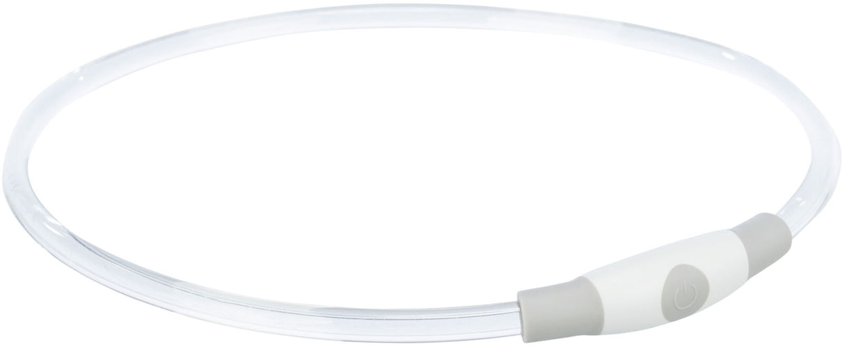 Transparenter Kunststoffring mit grauem Endstück, darauf erkennbar ein Ein-/Ausschalt-Symbol.