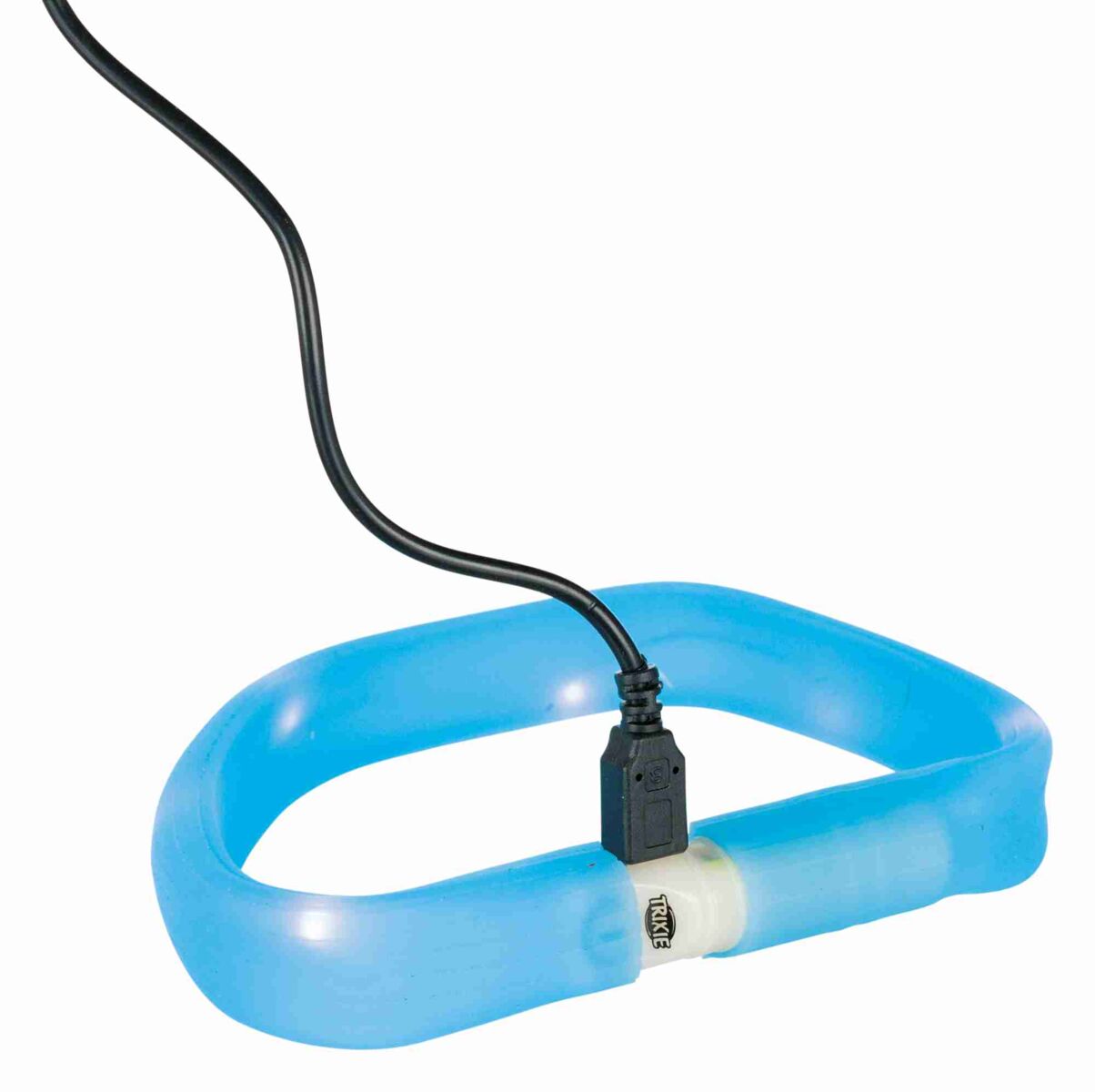 Blauer leuchtender Ring mit schwarzem Kabel und USB-Anschluss, Markenname sichtbar, auf weißem Hintergrund.