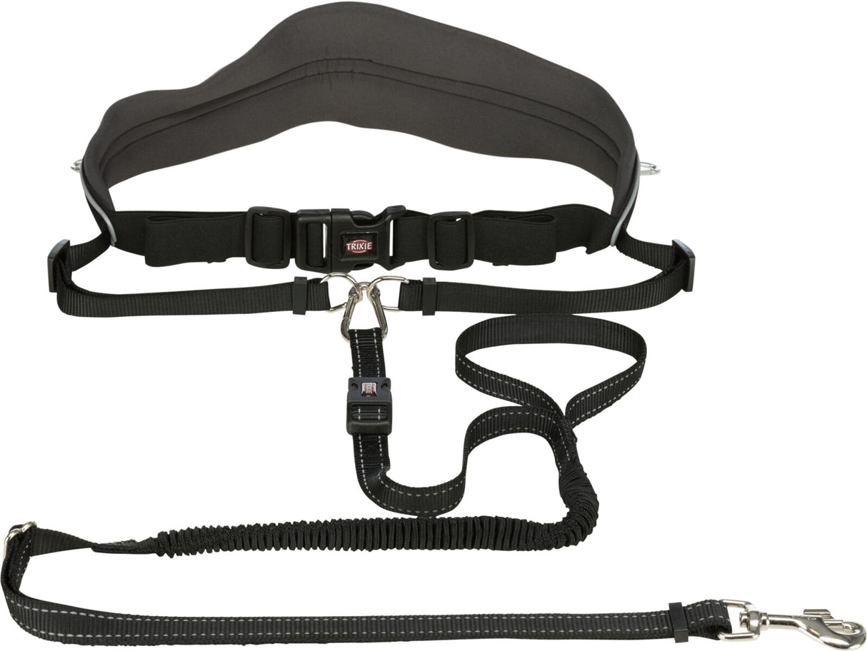 Schwarzer Bauchgurt mit Leine und zwei Karabinern, Polsterung am Gurt, Marke "Trixie", für Freihandspaziergänge.