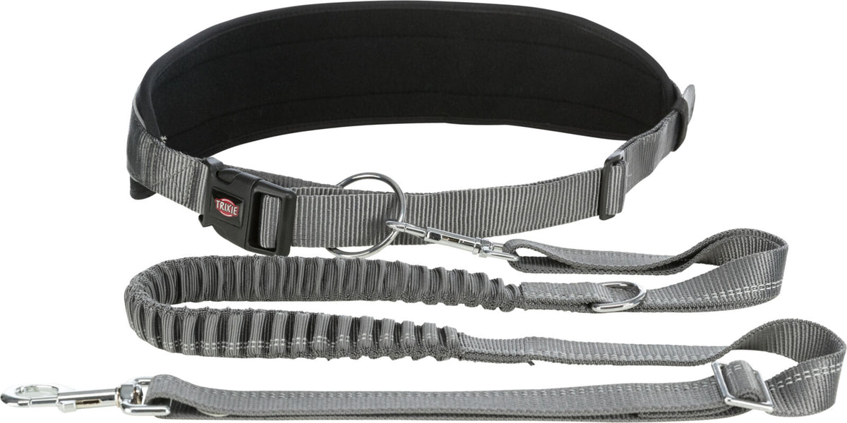 Graues, verstellbares Hundegeschirr mit gepolstertem Bauchgurt und flexibler Leine, Metallkarabiner und D-Ring.