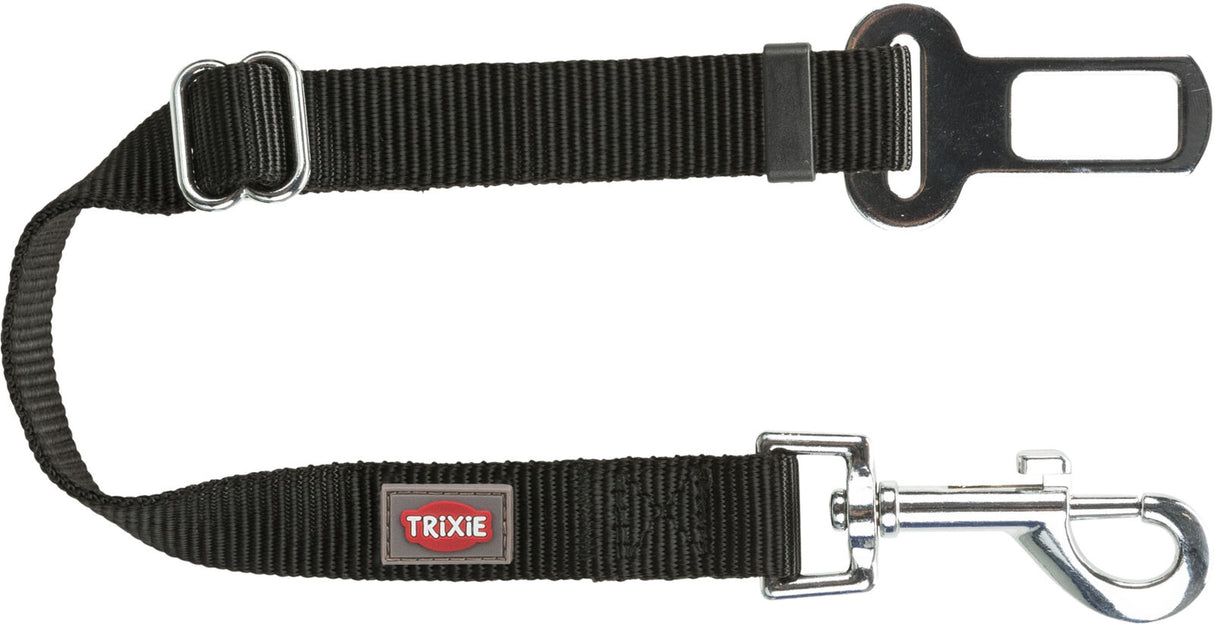 Schwarzer Sicherheitsgurtadapter mit verstellbarem Nylonband, Metallschnalle und Karabinerhaken, Label "TRIXIE".