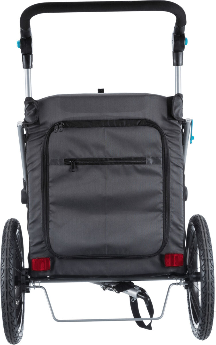 Schwarzer Fahrradanhänger mit zwei großen Rädern, Reißverschlusstasche auf der Rückseite und blauem Griffdetail.