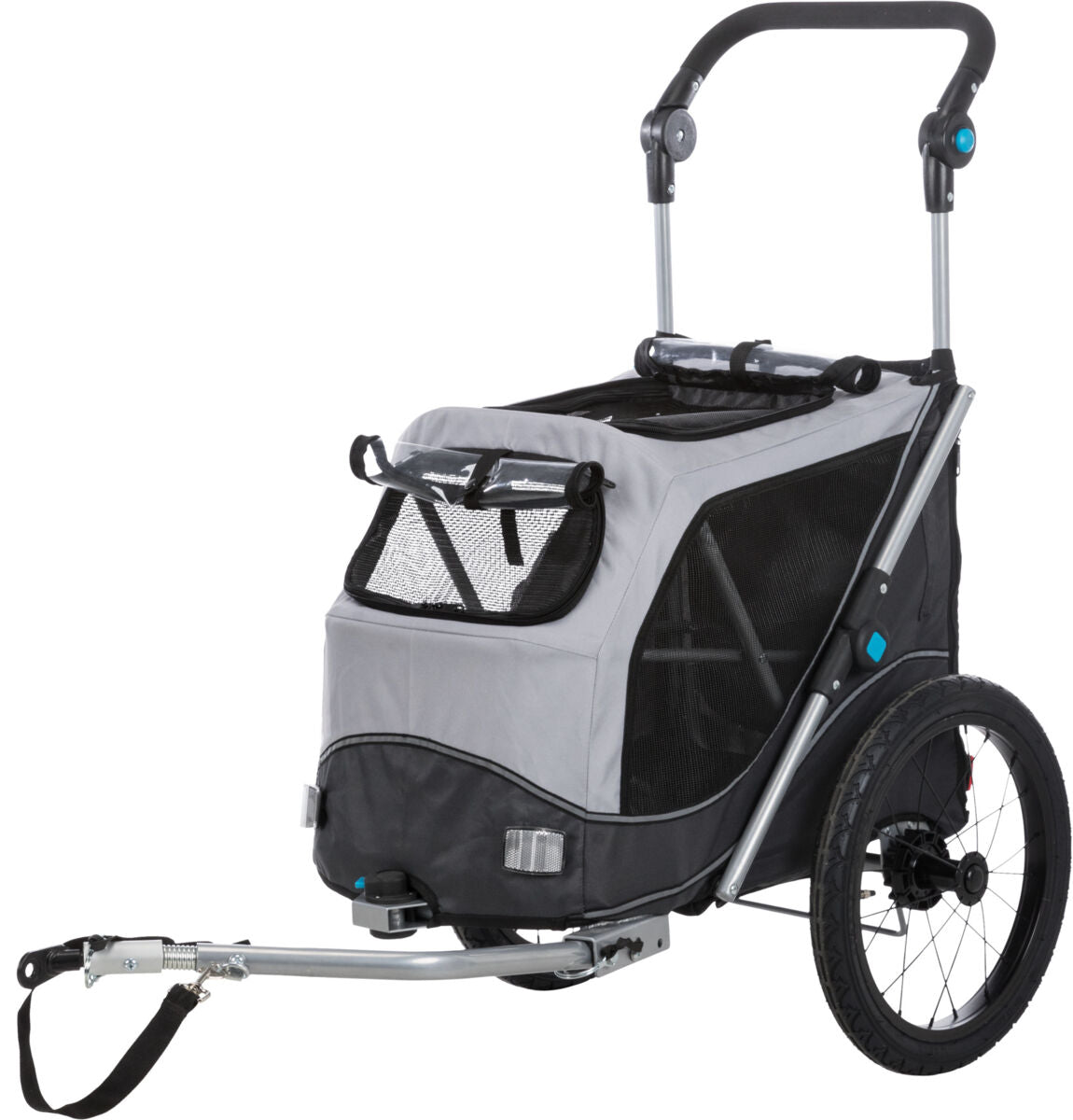 Grauer Fahrradanhänger mit schwarzem Netzstoff, zwei großen Rädern, verstellbarem Griff und Befestigungsstange.