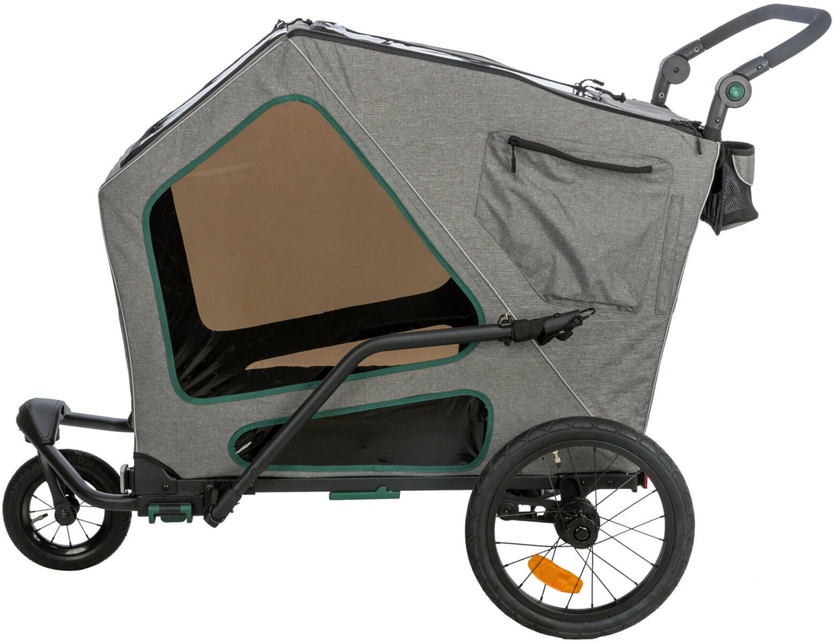 Grauer Fahrradanhänger mit drei Rädern, transparenten Fenstern und Reißverschlusstasche auf der Seite.