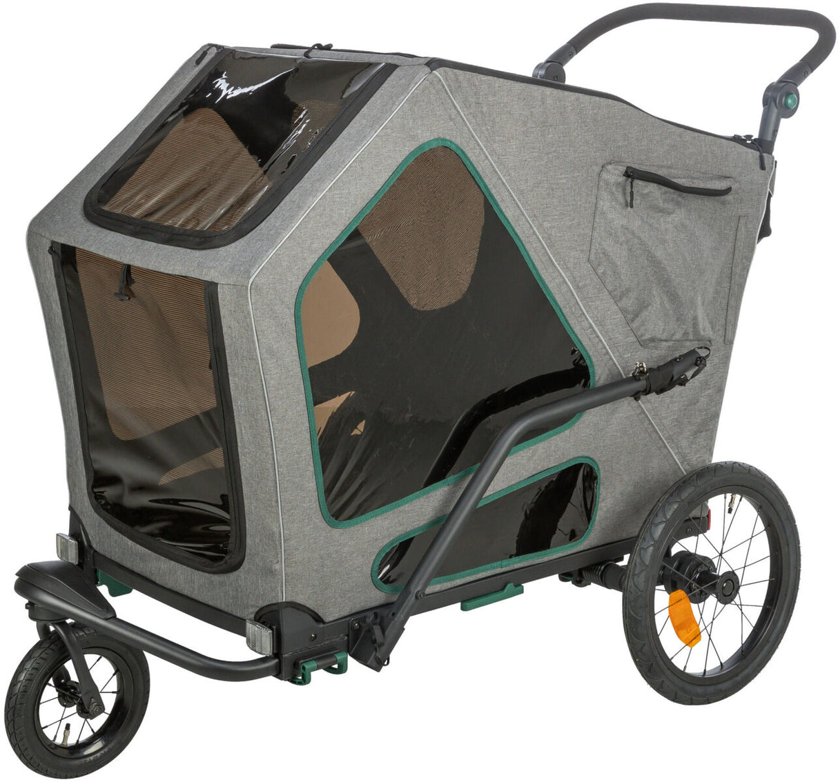 Grauer Fahrradanhänger mit drei schwarzen Rädern, durchsichtigen Plastikfenstern, Reißverschlusstaschen und schwarzem Griff.