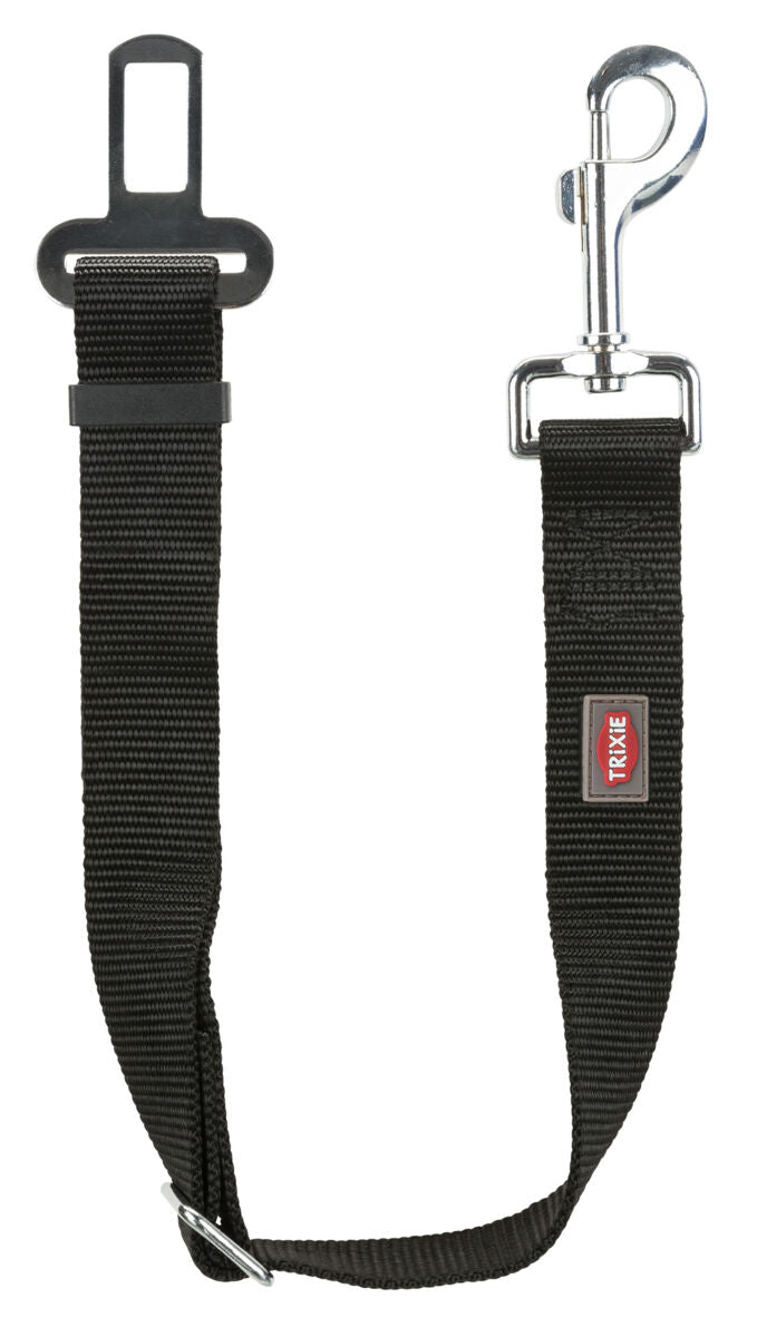 Schwarzer Sicherheitsgurtadapter für Hunde mit Metallhaken und Kunststoff-Steckschnalle, Textilband mit Markenlogo.