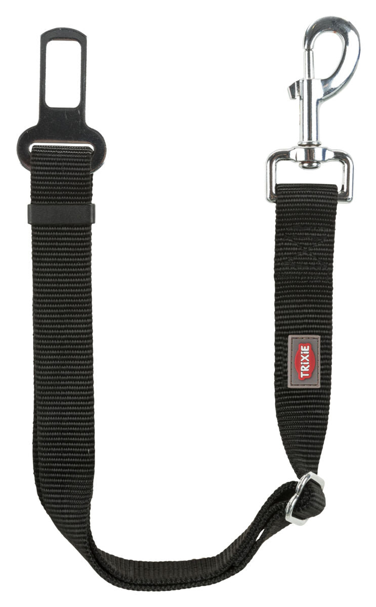 Schwarzer Sicherheitsgurt-Adapter für Hunde mit verstellbarem Gurtband, Metallverschluss und TRIXIE-Logo.