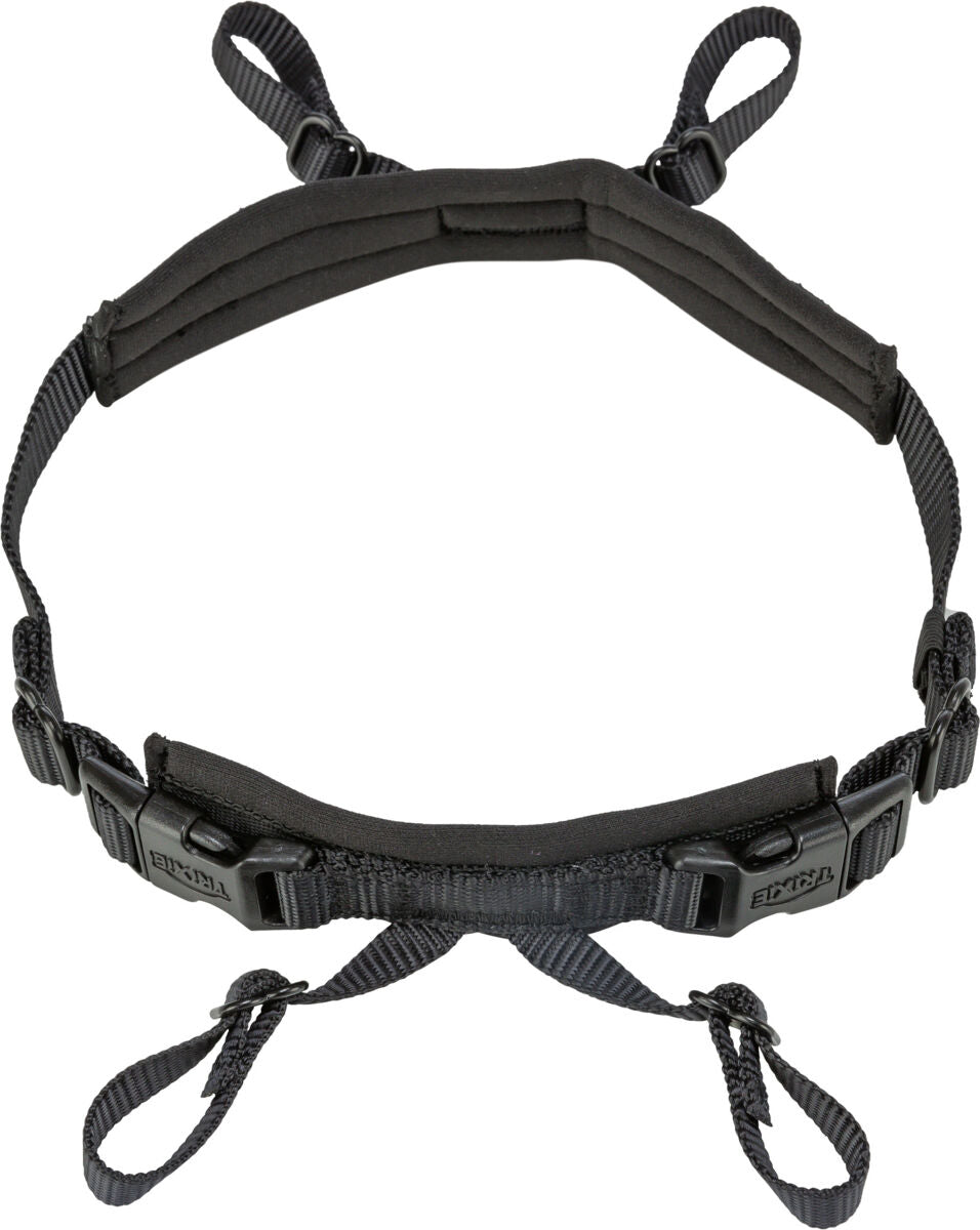 Schwarzer, verstellbarer Gurt mit Schnallen und Schlaufen aus Nylon, geeignet für vielseitige Befestigungszwecke.